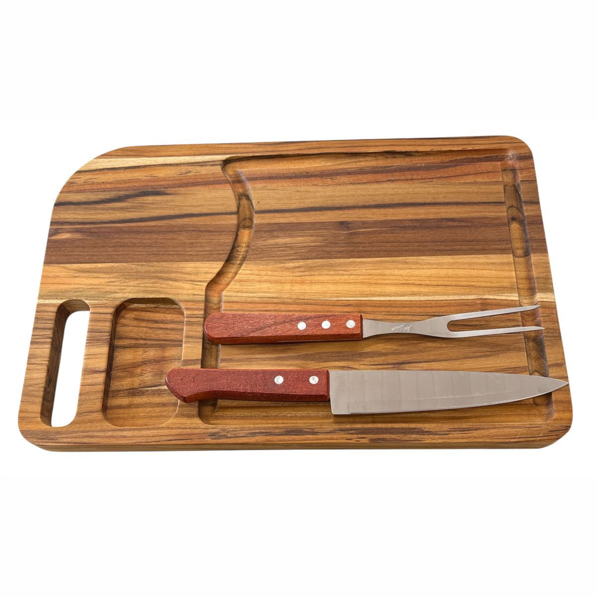 Kit Churrasco Premium em Madeira Teca – Tábua, Faca e Garfo Trinchante