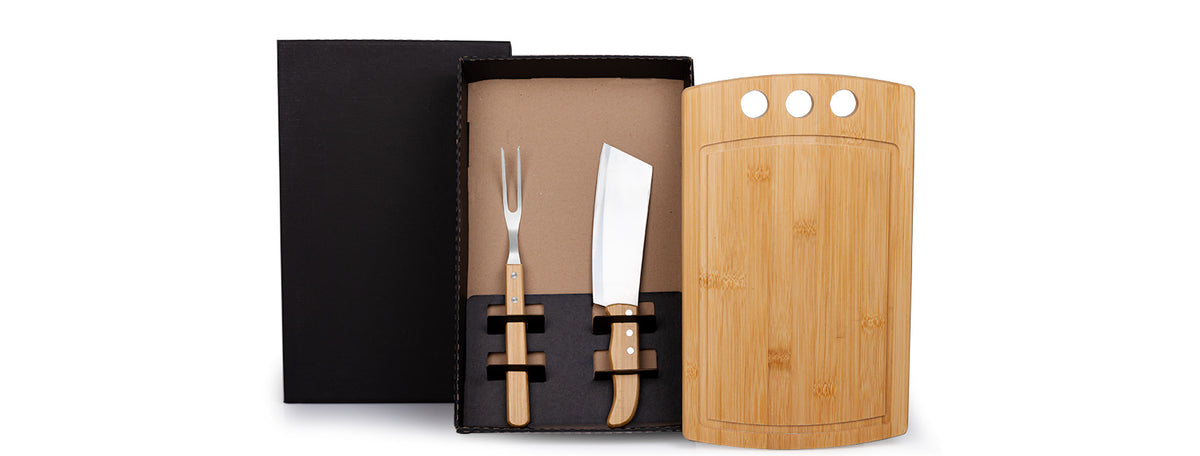 Kit Para Churrasco E Cozinha Em Bambu / Madeira / Inox - 3 Pçs