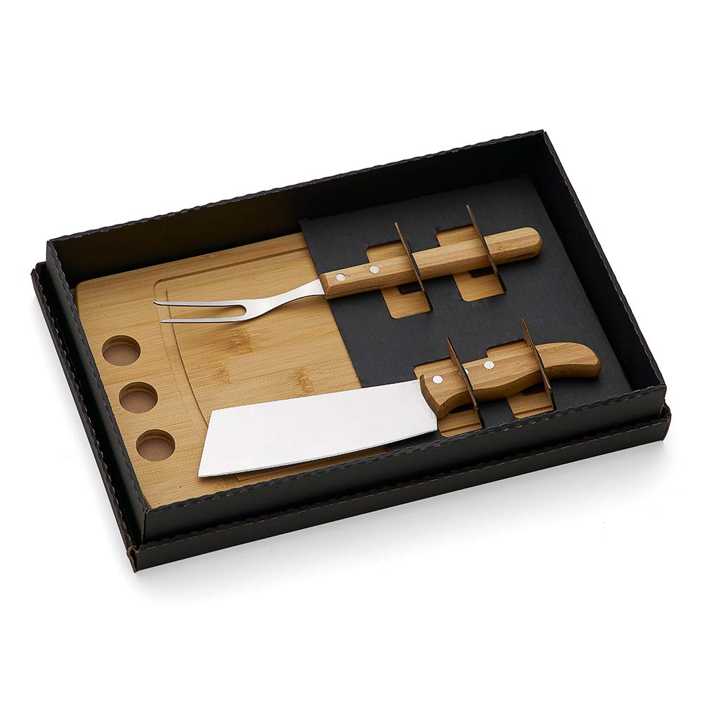 Kit Para Churrasco E Cozinha Em Bambu / Madeira / Inox - 3 Pçs